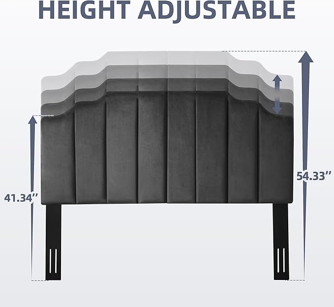 King Upholstered Headboard, Velvet Head Board, Tufted King Headboard only, Elegantly Curved Headboards only, Modern Vertical Channel Design Bed Head Board, Dark Gray