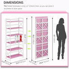 4NM 6 Tiers No Assembly Book Shelves, 61.8" H Folding Bookshelf Bookcase Open Industrial Foldable Shelves for Bedroom, Living Room, Home Office - Pink White