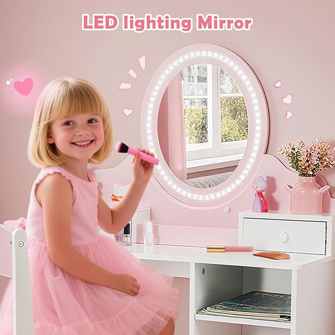 JOYLDIAS Kids Vanity with Lights, Pink Girls Makeup Vanity with 2 Drawer, Storage Cabinet & Shelves, 2 in 1 Toddler Vanity Table and Chair Set, Dressing Table for Kids 3+
