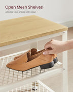 VASAGLE, 3-Tier Shoe Rack, Shelf Storage Bench with Metal Mesh Shelves and Seat, Free Standing Shoe Organizer for Entryway, 11.8 x 28.7 x 17.7 Inches, Oak Beige and Classic White ULBS073W09