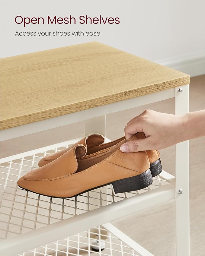VASAGLE, 3-Tier Shoe Rack, Shelf Storage Bench with Metal Mesh Shelves and Seat, Free Standing Shoe Organizer for Entryway, 11.8 x 28.7 x 17.7 Inches, Oak Beige and Classic White ULBS073W09