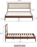 NTC Ruby Wooden Bed Frame with Headboard and Natural Rattan, Solid Oak/Rubber Wood Foundation with Silent Slats, 1000 Lb Capacity, Effortless Assembly (Natural Cane - Dark Walnut, Queen)