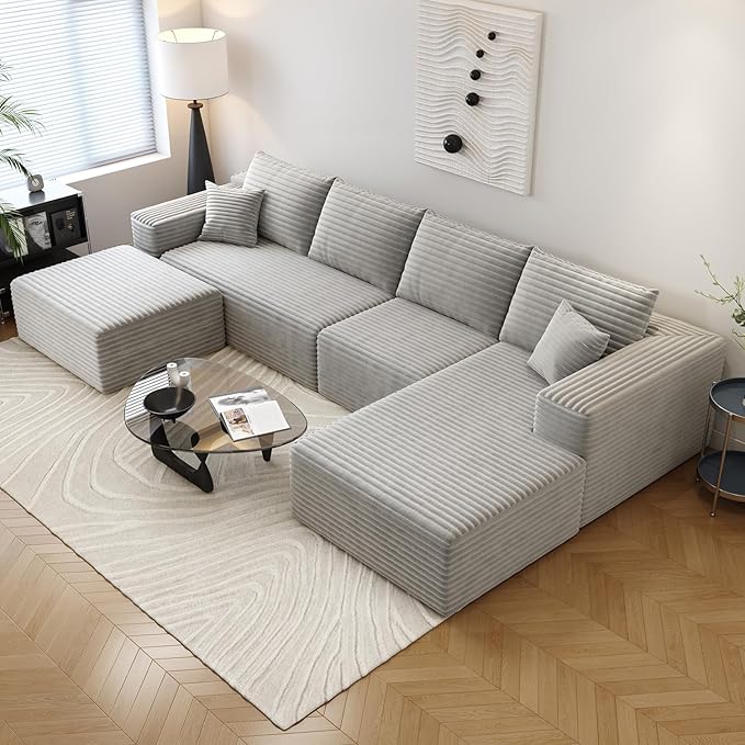135.4" Cloud Sectional Couch with 1 Ottoman,Modern Modular Sofa with Deep Seat, Comfort U Shaped Sofa Couches for Living Room Bedroom Apartments,No Assembly Required, (Grey,Right Facing Chaise)