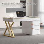 Executive Desk with Drawers, White Computer Desk with Drawers with Tempered Glass Top & Marble Pattern, 47 inch Modern Home Office Desk with Charging Station for Study, Living Room, Bedroom