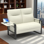Modern Leather Loveseat, Small Sofa with Side Tray & Pocket, Upholstered Mini Couch for Living Room, Office, Guest Room, Beige