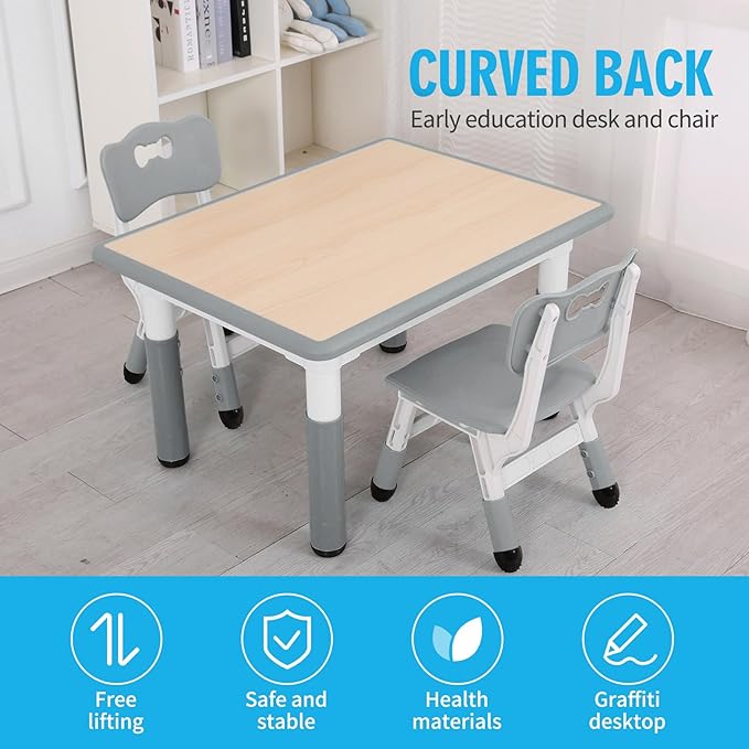 UNICOO Kids Table and Chairs Set, Height Adjustable Toddler Study Table and Chairs, Arts & Crafts Table, Suitable for Ages 2-10, Childrens Activity Table, Preschool Furniture (BY-60-MGY)