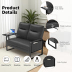 Faux Leather Loveseat, Upholstered Loveseat with Side Tray Table & Storage Pocket, Small Loveseat for Living Room, Modern 2 Seater Sofa Couch for Small Spaces, Bedroom, Black