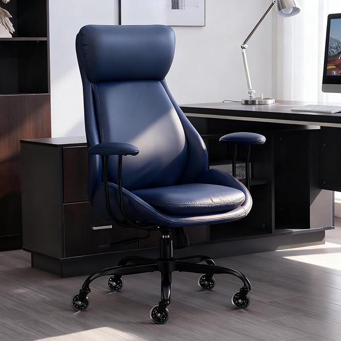 Home Office Desk Chair, PU Casters Ergonomic Computer Chair with Lumbar Support, Adjustable Height, 360°Rolling Swivel Chair, High Back Executive Task, Padded Armrests Chair, Blue Leather