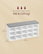 VASAGLE CUSTOS Collection - Shoe Bench, Storage Bench with Padded Seat, Entryway Bench with 15 Compartments, for Bedroom, 11.8 x 41.3 x 18.9 Inches, Cloud White and Dove Gray ULHS15WT