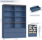 FINETONES 71" Bookshelf with Drawers, 47.3" Double Wide Bookshelves and Bookcases with Storage, Tall Bookshelf Large Open Book Shelf Standing Book Case for Home Office, Blue