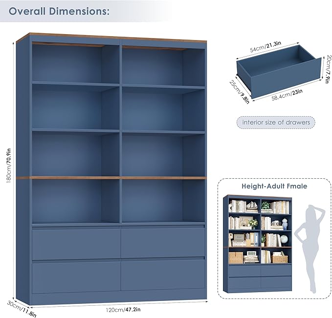 FINETONES 71" Bookshelf with Drawers, 47.3" Double Wide Bookshelves and Bookcases with Storage, Tall Bookshelf Large Open Book Shelf Standing Book Case for Home Office, Blue