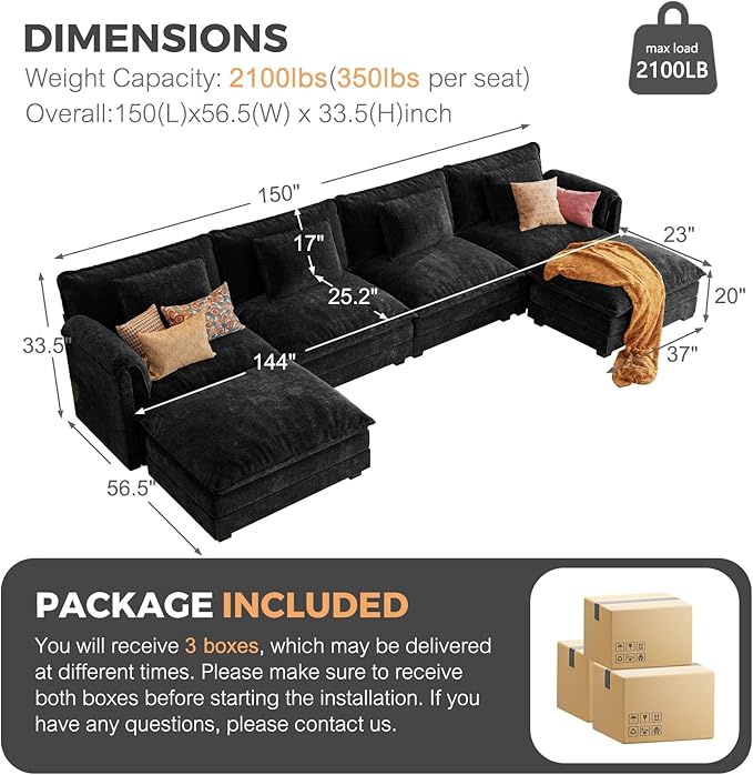 ELUCHANG 150" Modular Sectional Sofa, Comfy Deep Seat Cloud Couch, 6 Seater U Shaped Modern Sofa with Removable Cover for Living Room, Apartment, DIY Combination, Chenille Black