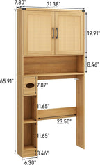 Vabches Over The Toilet Storage Cabinet, Farmhouse Rattan Storage Cabinet Over Toilet with 2 Rattan Barn Doors & Home Space-Saving Toilet Rack, for Bathroom, Restroom, Laundry