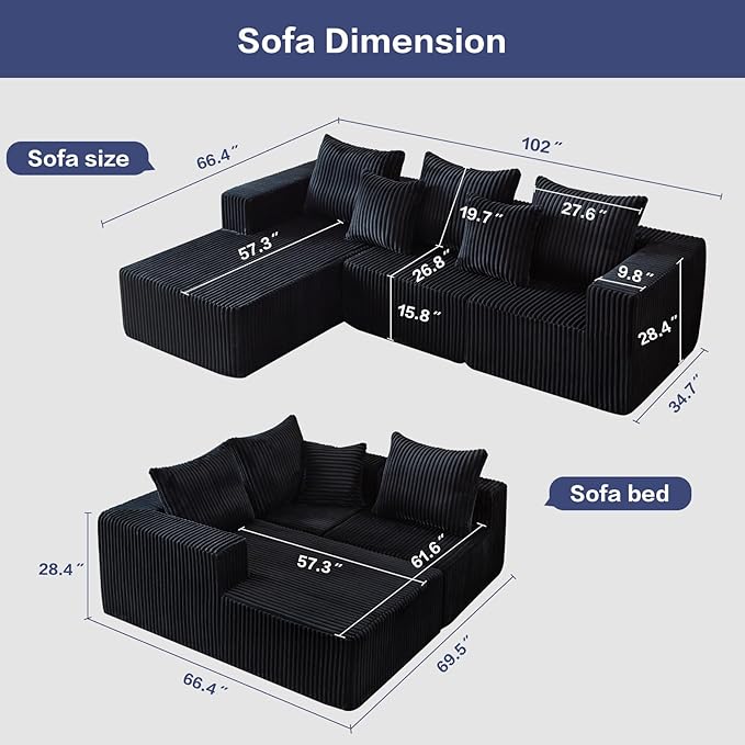 102" Black Couch for Living Room,Boneless Couch No Assembly Required,Comfy Couches with Oversized Chaise,Compressed Sofa for Any Room,Modern Sofa-Corduroy