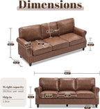 Kingfun Mid-Century Modern Couch, Faux Leather Sofa, 3 Seater Couch for Living Room with Rolled arms & Nailhead Trim, Dark Brown