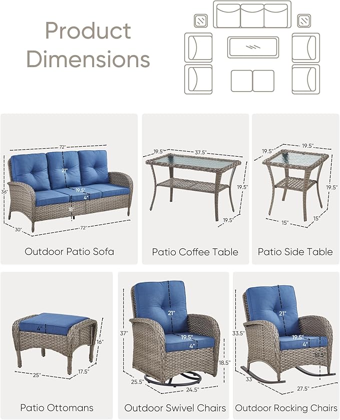 Patio Furniture-All Weather Wicker Patio Conversation Sets with Swivel Patio Chairs High Back Outdoor Couch with Swivel Rocking Chairs Outdoor Furniture for Deck Lawn Porch Balcony Poolside-Grey/Blue