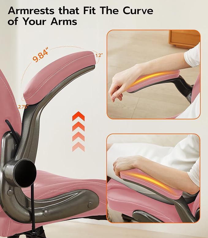 Office Desk Chair, Ergonomic Computer Chair with Padded Flip-Up Arms and Adjustable Lumbar Support, PU Leather Executive Chair with Tilt Lock and 360° Swivel Rolling Wheels for Work, Study