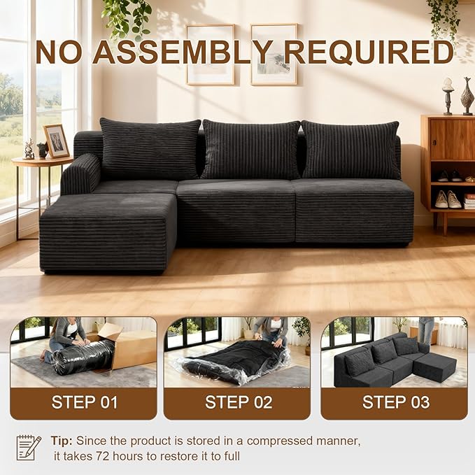 JSLOVE Modular L-Shape Sectional Sofa with Chaise, 3 Seat Movable Boneless Cloud Couch in One Box, Sofa Couch Bed with Ultra-Soft Corduroy Fabric, No Assembly Required for Living Room, Bedroom(Black)
