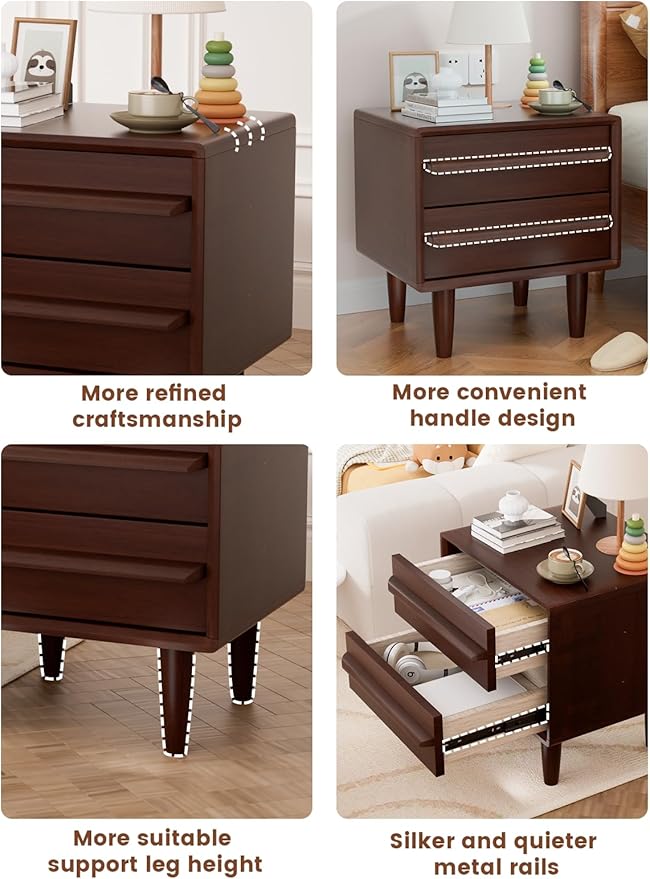 Solid Oak Wood Nightstand, Mid-Century Modern Bedside Table with 2 Drawers, Curved Profile End Table with Storage & Solid Wood Feet for Bedroom, Easy Assembly, Dark Walnut Color (15.7"Dx17.7"Wx21.6"H