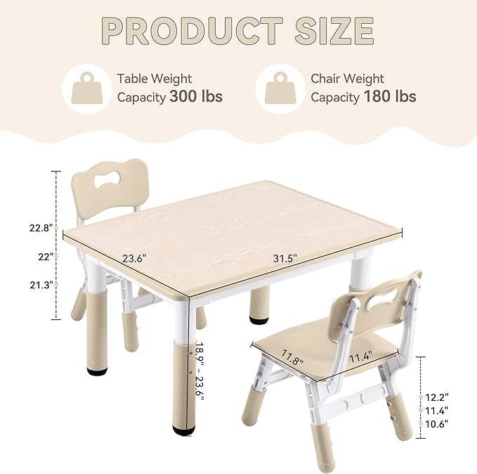 Kids Study Table and Chairs Set, Height Adjustable Toddler Table and Chair Set for Kids Ages 3-8, 31.5" L x 23.6" W Graffiti Desktop Plastic Children Art Table with 2 Seats, Burlywood