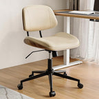 Armless Office Chair with Wheels, PU Leather Adjustable Height Desk Chair - 360° Swivel Ergonomic Computer Chair for Small Space, Modern Walnut Style, Home & Meeting Room, Beige