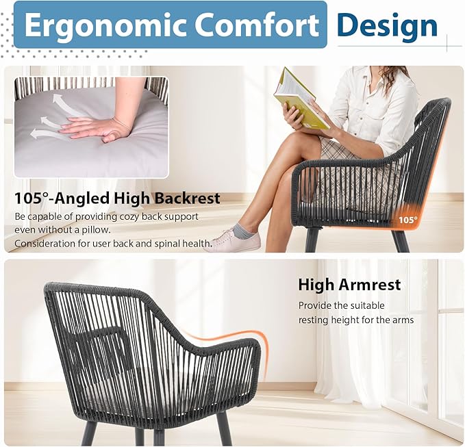 JOIVI Outdoor Dining Chairs Set of 6, 6 Pieces Woven Rope Patio Chairs with Armrest and Seat Cushions for Outside Porch, Balcony or Indoor Dining Kitchen, Restaurant, Black