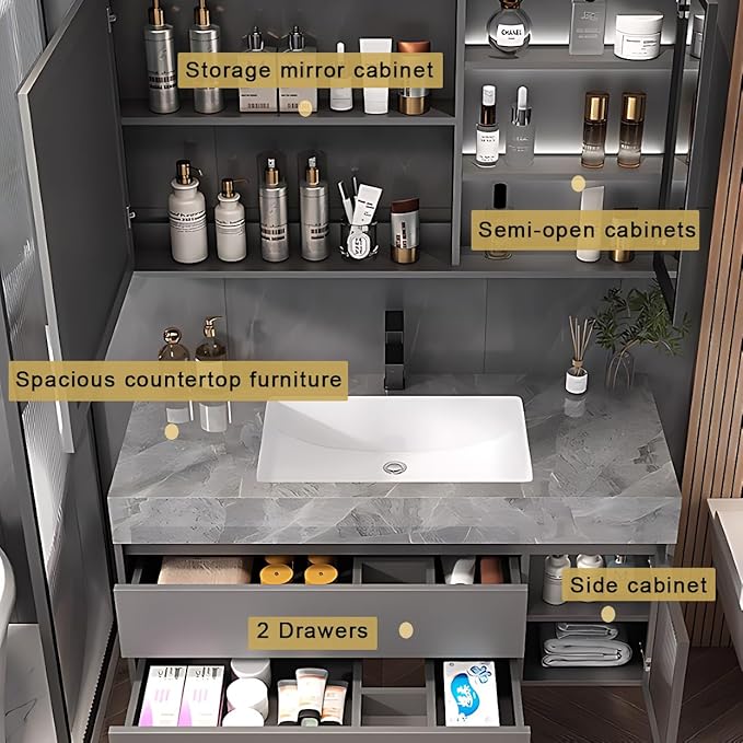 White 32IN Modern Bathroom Vanity - Wall-Mounted Bathroom Storage Cabinet & Bathroom Vanity with Sink, Bathroom Medicine Cabinet Wall Mounted, Defogging & Led Lighting | Bathroom Cabinet Slim