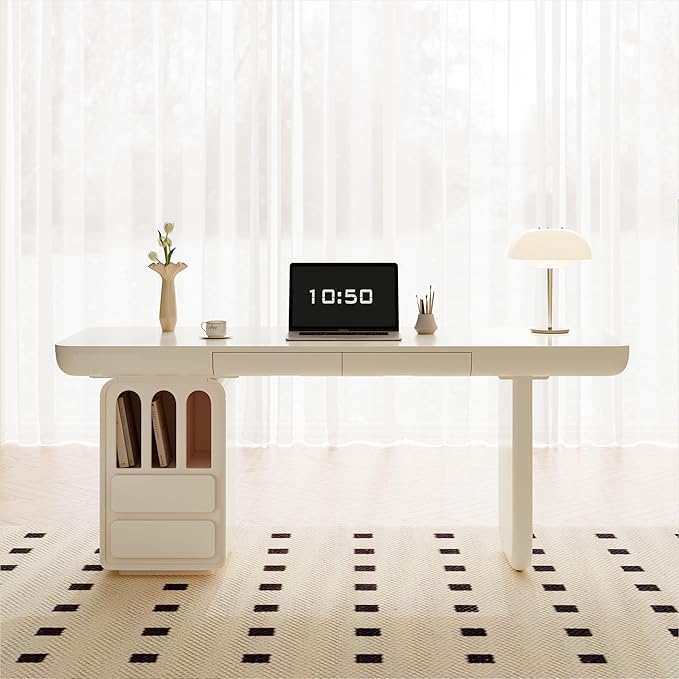 63 Inch White Writing Desk with Storage, Modern Computer Desk with 4 Drawers for Study, Wooden Executive Desk for Home Office