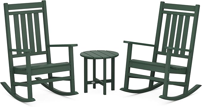 POLYWOOD Estate 3-Piece Rocking Chair Set, Outdoor Patio Furniture, HDPE Porch Rockers with Side Table, Fade-Free Green