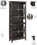 Bush Furniture Tall 5 Shelf Bookcase for Living Room or Home Office, Large Bookshelf, Modern Farmhouse Style, Key West Collection, Dark Gray Hickory