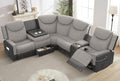 Home Theater Seating, Manual Recliner Sectional Sofa for Living Room, 5 Seater Reclining Sectional Couch with Flip-Up Backrest, Storage Console, USB Ports, Grey Linen & Chocolate Leather