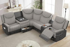 Home Theater Seating, Manual Recliner Sectional Sofa for Living Room, 5 Seater Reclining Sectional Couch with Flip-Up Backrest, Storage Console, USB Ports, Grey Linen & Chocolate Leather