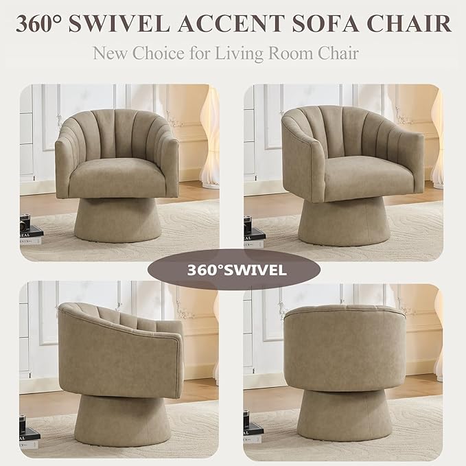 Swivel Accent Chair Set of 2,Faux Leather 360°Swivel Barrel Chair Upholstered Modern Living Room Chair, Overstuffed Reading Armchair for Bedroom,Vanity,Office-Dark Apricot
