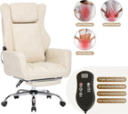 DYHOME Executive Office Chair with Massage and Footrest Heavy Duty Task Desk Swivel Ergonomic Chairs with Lumbar Support Wheels Flip-up Arms Adjustable Height,Leather Beige Computer Gaming Chairs