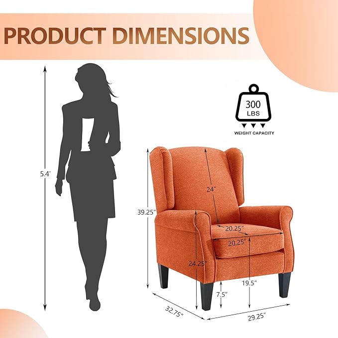 Accent Chair for Living Room, Vintage Orange Fabric Bedroom Corner Seats, Elegant English Armchairs with High Back, Modern Living Room Reading Wing Chair, Sillones para Sala