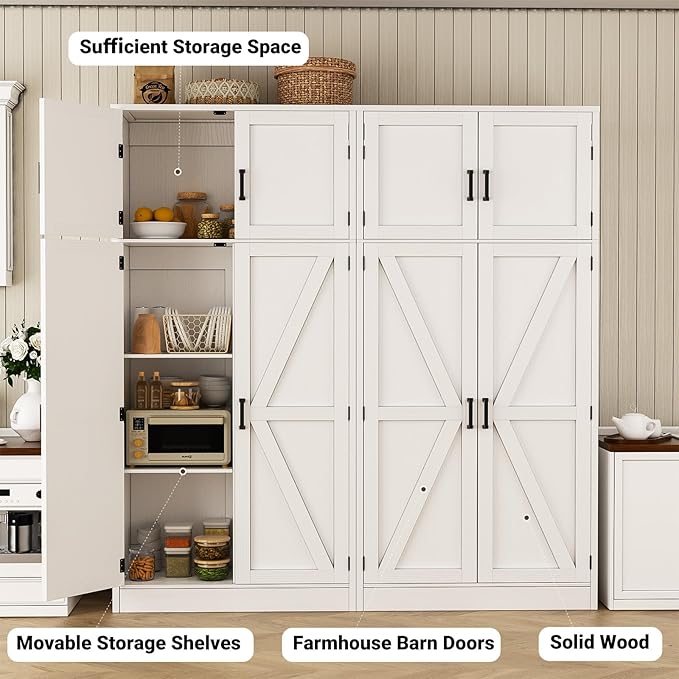 Unikito 71” Tall Storage Cabinet, Farmhouse Kitchen Pantry Cabinet with Adjustable Shelves and Barn Doors, Large Bathroom Storage Cabinet, Storage Cupboard for Dinning, Living Room, Office, 2 Pack