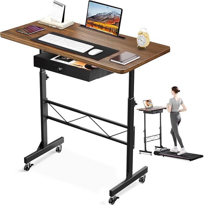COMHOMA Small Standing Desk Adjustable Height Small Computer Desk Mobile Portable Rolling Laptop Table with Wheels 32" Computer Workstation Sit Stand Desks Portable Standing Table Treadmill desks