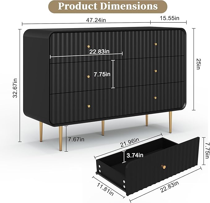 HLR Black Dresser for Bedroom,48'' Wide Wood Chests of Drawers,Modern Fluted 6 Drawer Dresser with Gold Metal Handles,Clothes Deep Drawer Dressers Storage for Living Room,Hallway