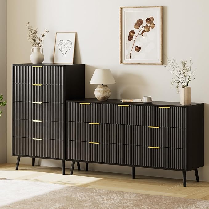 LYNSOM Fluted Dresser and Nightstand Sets 4 Piece, 2-Drawer Nightstands and 5/7 Drawers Dresser, Wood Bedroom Furniture Set for Home, Bedroom, Hallway, Black