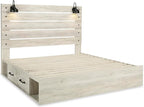 Signature Design by Ashley Cambeck Farmhouse King Panel Platform Bed with 4 Storage Drawers, Cubbies, Sconce Lights and USB Ports, Foundation or Box Spring Not Needed, Whitewash