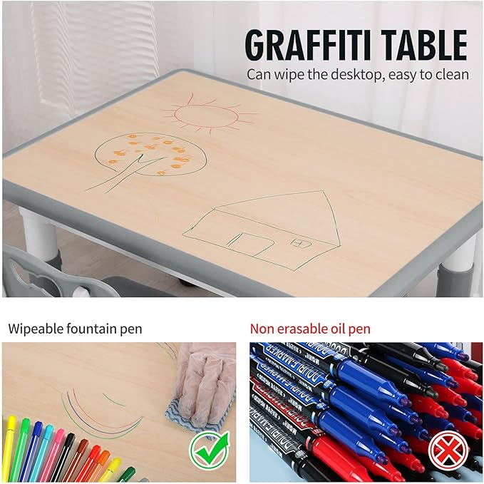 UNICOO Kids Table and Chairs Set, Height Adjustable Toddler Study Table and Chairs, Arts & Crafts Table, Suitable for Ages 2-10, Childrens Activity Table, Preschool Furniture (BY-60-MGY)