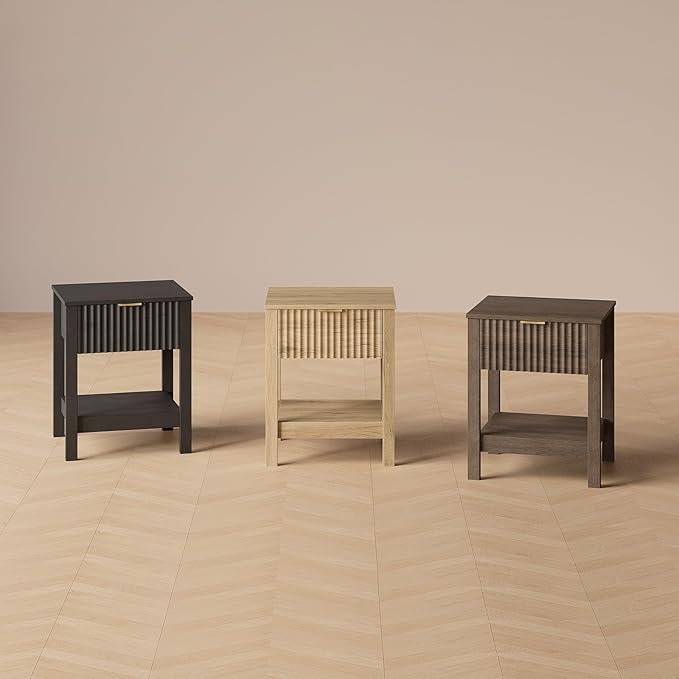 Fluted Night Stand with Golden Handle,Set of 2 Mid-Century Nightstands with Drawer,Bedside Table with Storage Shelf,Large End Tables for Livingroom,Bed Side Tables for Bedroom,Walnut