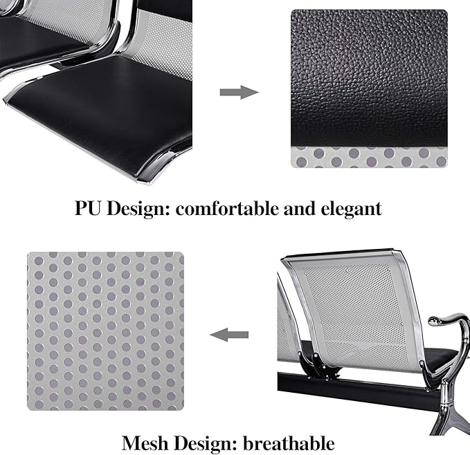 Kinsuite 3-Seat Waiting Room Bench - PU Leather Waiting Room Chairs with Arms & Non-Slip Foot Mats, Reception Chairs Guest Chair for Office Airport Bank Salon, Black