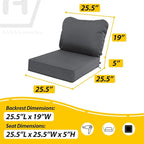 AAAAAcessories Outdoor Deep Seat Cushions, Waterproof, Fade-Resistant Patio Furniture Replacement Cushions, 25.5" x 25.5" x 5" + 25.5" x 19", Set of 2, Dark Gray