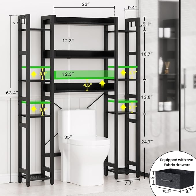 Over The Toilet Storage with 2 Drawers - 11 Tier Bathroom Organizer Freestanding Space Saver Storage Rack with Adjustable Shelf Above Toilet Stand with 4 Hooks for Restroom, Laundry, Black