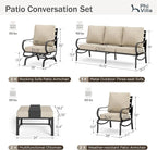 PHI VILLA 7 PCS Outdoor Patio Furniture Set with 2*C-Base Chairs, 1 * 3 Seater Padded Deep Seating Bench Sofa, 2*Padded Armrest Leg Chairs and 2*Metal Cushioned Ottoman for 7 Person