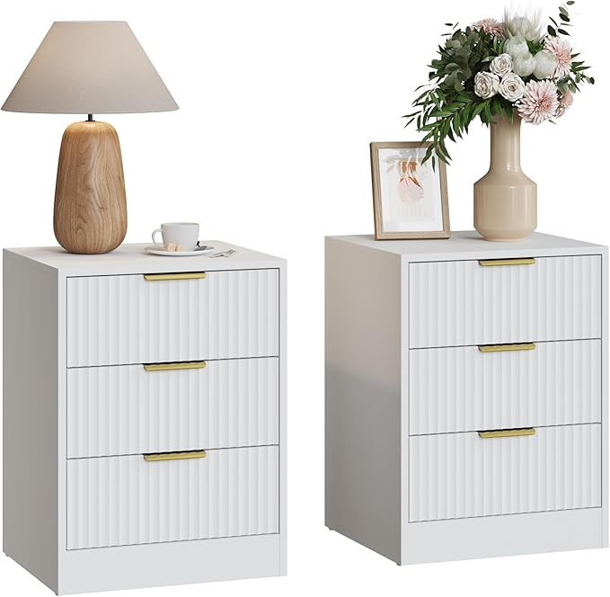 3-Piece Modern Bedroom Furniture Set, Wide 7-Drawer Dresser & 3-Drawer Nightstands Set of 2, Natural Wood Dresser and Nightstand Sets for Bedroom, Hallway, White