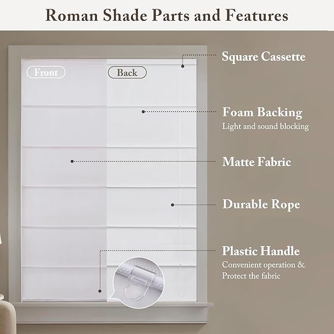 Madison Park Galen Matte White Cordless Roman Shades - Fabric Privacy Single Panel Darkening, Energy Efficient, Thermal Insulated Window Blind Treatment, for Home, Living Room Decor, 39" W x 64" H