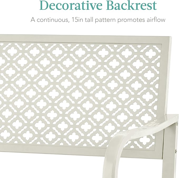 Best Choice Products Outdoor Bench 2-Person Metal Steel Benches Furniture for Garden, Patio, Porch, Entryway w/Geometric Backrest, 790lb Capacity - Ivory
