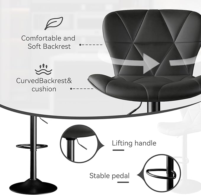 Bar Stools,Adjustable Swivel Barstools, Faux Leather Bar Chairs,Upholstered Counter Height with High Backrest for Kitchen Island, Black